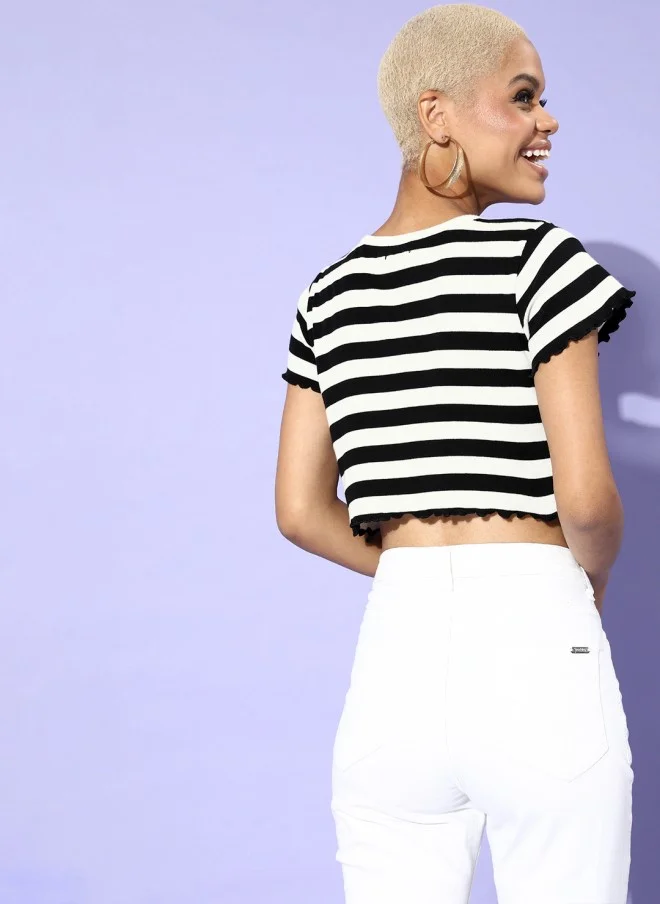SASSAFRAS Black & White Striped V-Neck Crop Top for Women