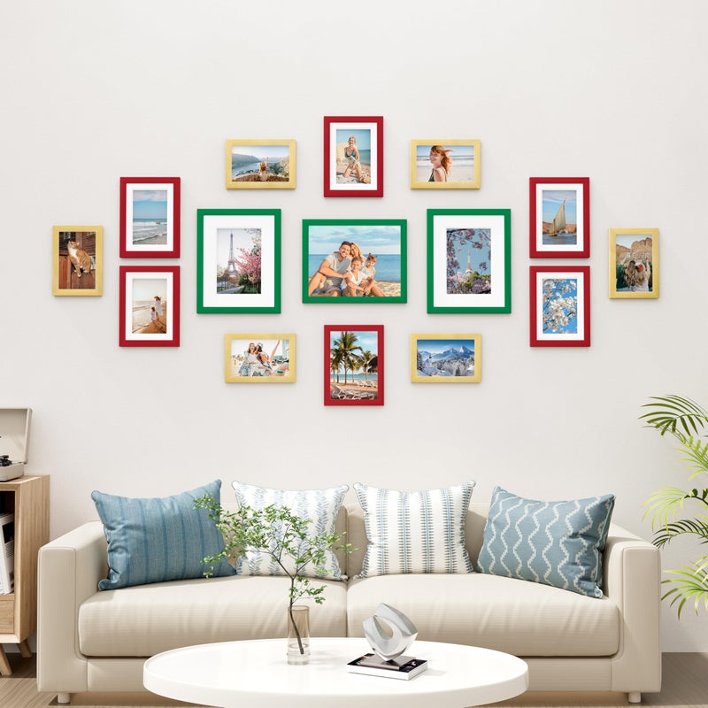 Vittanly 15 Pack Picture Frames Collage Wall Decor, Multi Sizes Including 3pcs 8x10, 6pcs 5x7 and 6pcs 4x6 Photo Frames, Gallery Frame Set for Wall or Tabletop Display, Green, Red and Gold - Image 2
