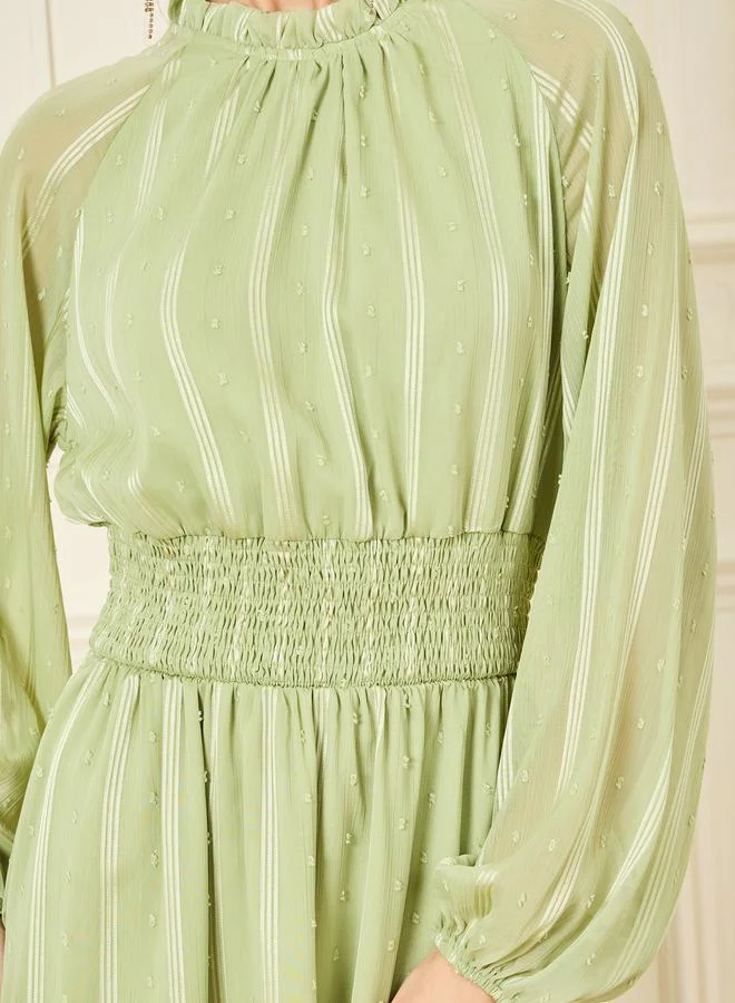 Styli Dobby High Neck Smocked Detail Midi Dress