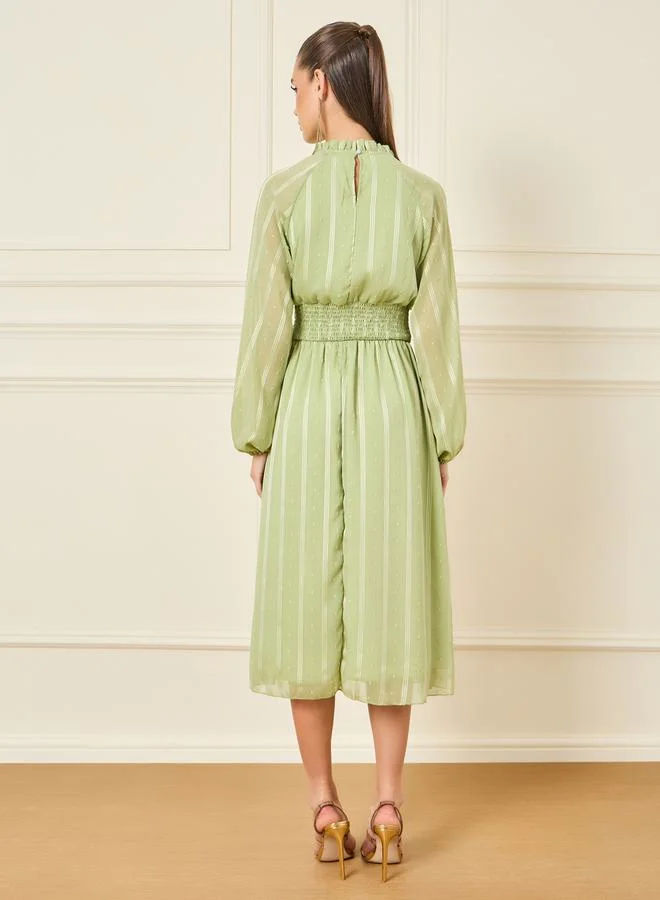 Styli Dobby High Neck Smocked Detail Midi Dress