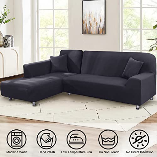 LA MEACK Sectional Couch Covers 2-Piece Softness L Shaped Sofa Cover Super Stretch L-Type Couch Slipcover with 2Pcs Pillowcases Sofa Slipcover 3 Seater + 3 Seater Furniture Protector (Dark Grey) - Image 2