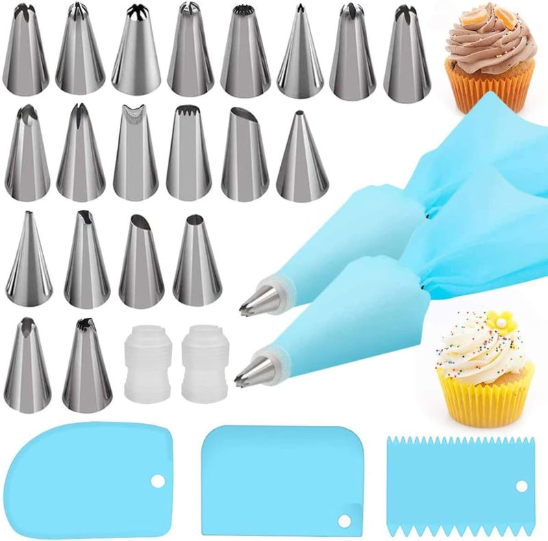 Silicone Icing Piping Bag,Reusable Cream Pastry Bag and 20Ã— Stainless Steel Nozzle Set DIY Cake Decorating Tool(20Ã—Nozzle, 2Ã—Icing Cream Pastry Bag and 2 X Converter and 3Ã—Scraper)