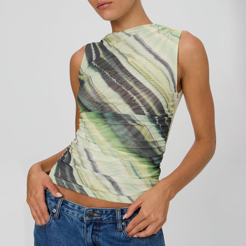 New Digital Printing Summer Mesh Stitching Chic Pleated Vest Elegant Slim-Fit Pure Desire Top - Image 1