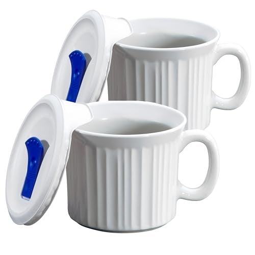 CorningWare 2-Pack 20oz Ceramic Meal Mugs with BPA-Free Vented Lids, French White - Image 1