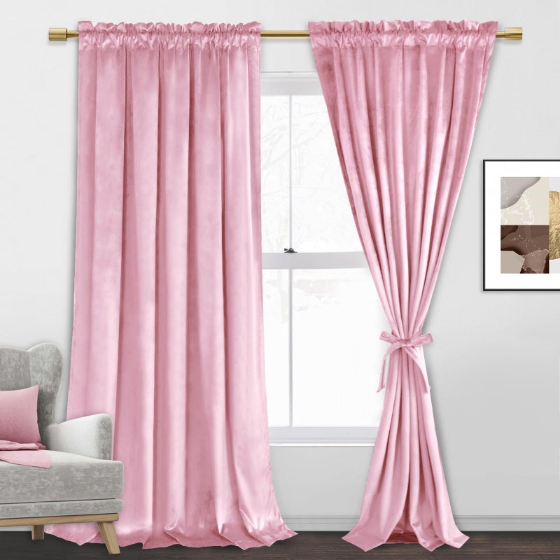 JIUZHEN Pink Velvet Curtains 84 inches for Living Room - Privacy Protect Room Darkening Rod Pocket Thick Velvet Window Drapes for Bedroom/Dining Room  Set of 2 with Tiebacks  W60 x L84 inches - Image 1