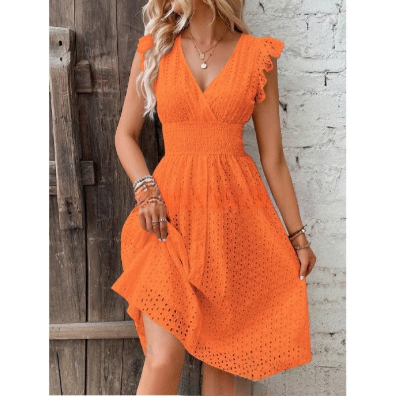 2025 Hot Selling Aliexpress Hot Selling New Multi-Color Spot European and American Summer Lotus Leaf Sleeve Elegant Dress Sky blue - Image 4
