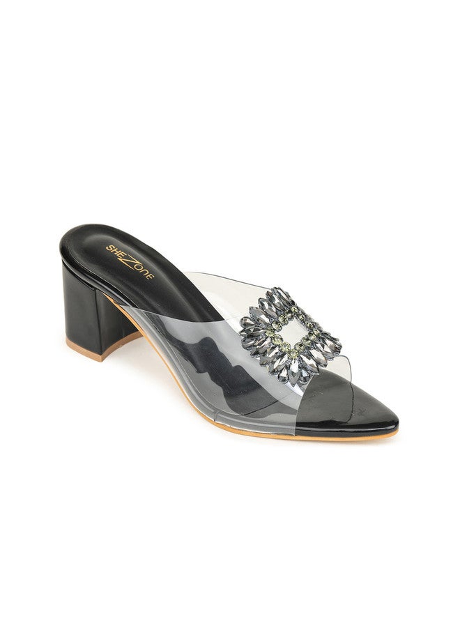 She Zone Black Open Toe Block Heels for Women - Image 2