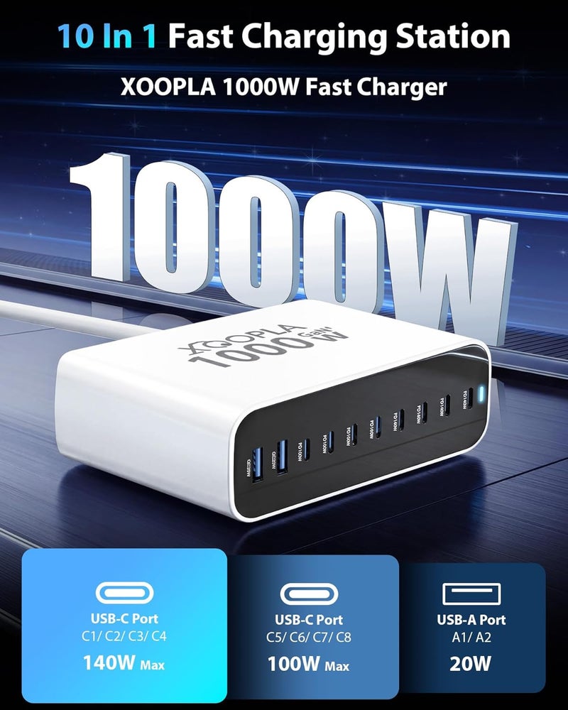 اكسوبلا محطة شحن 1000 واط 140 واط 10 منافذ شاحن USB سريع من نوع GaN أبيض | كابل 100 واط مجاني مع 10 منافذ 8 USB-C (4×140 واط + 4×100 واط) و 2 USB-A (2×20 واط) لأجهزة Galaxy و iPhone و Xiaomi و Huawei و MacBook و iPad - Image 2