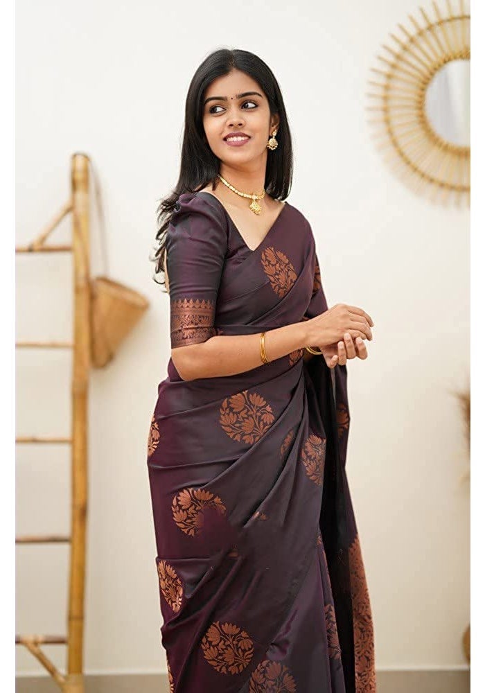 Sidhidata Textile Women's Banarasi Soft Silk Saree with Unstitched Blouse Piece - Wine Color - Image 3