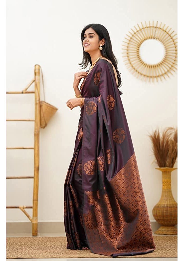 Sidhidata Textile Women's Banarasi Soft Silk Saree with Unstitched Blouse Piece - Wine Color - Image 2