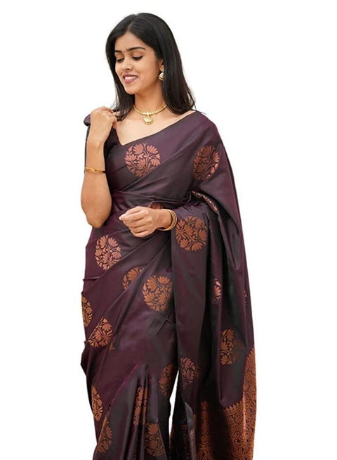 Sidhidata Textile Women's Banarasi Soft Silk Saree with Unstitched Blouse Piece - Wine Color