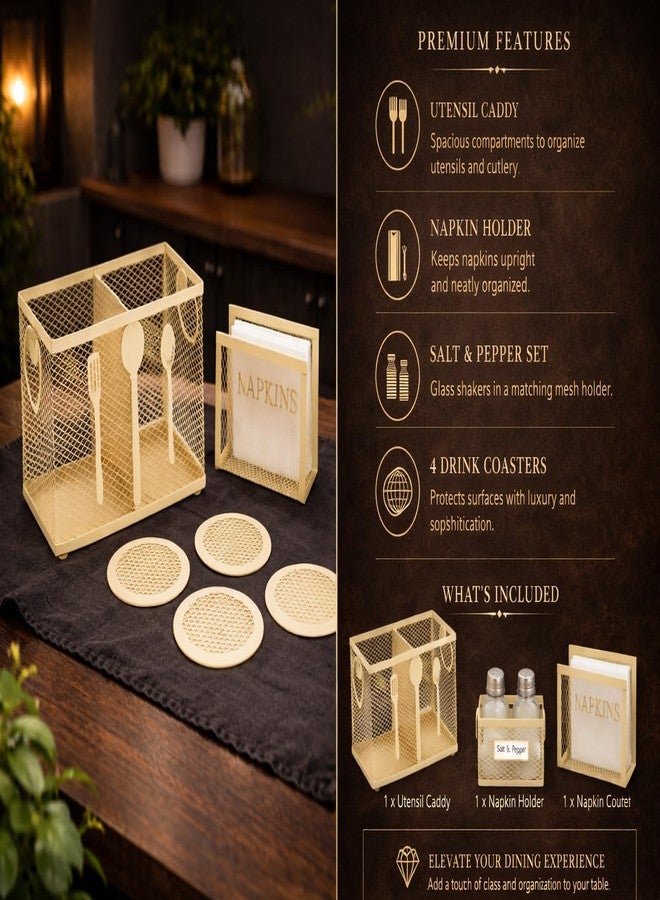 De Casa Decor طقم طعام متعدد الاستخدامات مع حامل أدوات المائدة، وحامل المناديل، وحامل رشاشات الملح والفلفل، وقواعد الأكواب، مصنوع من شبكة سلكية كريمية اللون - Image 2