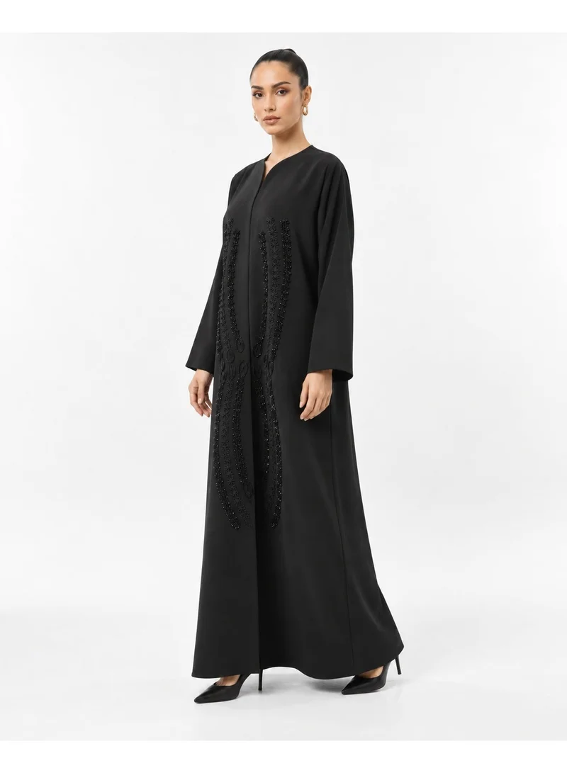Aara Elegant Black Women's Abaya with Intricate Black Beadwork and Embroidered Details