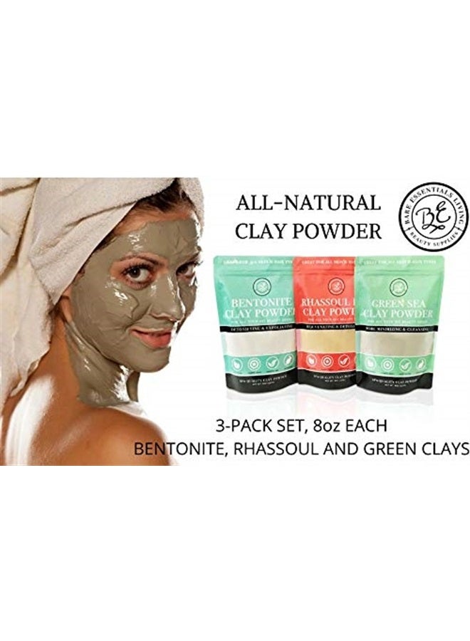 Bare Essentials Living Bentonite (Indian Healing), Moroccan (Red Rhassoul), and Green (French-Sea) Clay Powder - 3 Multipak/Set 8 oz Each - for Making Mud Masks for Skin, Hair, Face and Body - Image 1