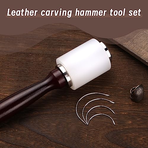 TLKKUE Leather Mallet, Leather Carving Hammer, Wooden Handle Nylon Hammer, Leather Craft Mallet for Engraving Punching Stamping(Red-brown) - Image 3