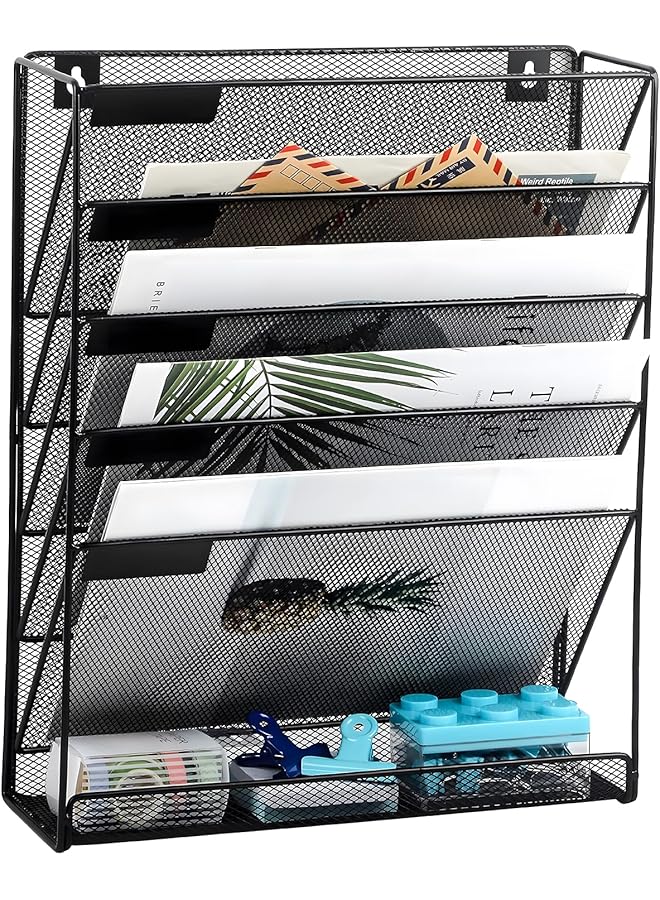 أكس سبرينج منظم ملفات شبكي معلق على الحائط مكون من 5 طبقات مع صينية مسطحة سفلية وحامل ملفات عمودي متين لسطح المكتب وحامل ملفات حائطي للمنزل والمكتب والمدرسة - Image 1