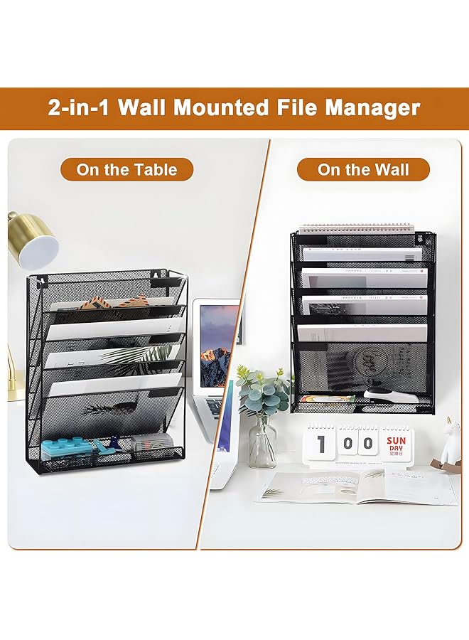 أكس سبرينج منظم ملفات شبكي معلق على الحائط مكون من 5 طبقات مع صينية مسطحة سفلية وحامل ملفات عمودي متين لسطح المكتب وحامل ملفات حائطي للمنزل والمكتب والمدرسة - Image 5