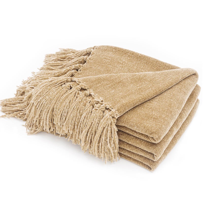 RECYCO Throw Blanket Soft Cozy Chenille Throw Blanket with Fringe Tassel for Couch Sofa Chair Bed Living Room Gift (Beige, 50" x 60") - Image 1
