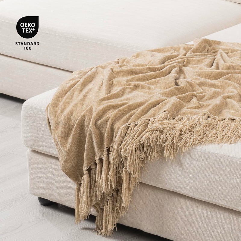 RECYCO Throw Blanket Soft Cozy Chenille Throw Blanket with Fringe Tassel for Couch Sofa Chair Bed Living Room Gift (Beige, 50" x 60") - Image 5