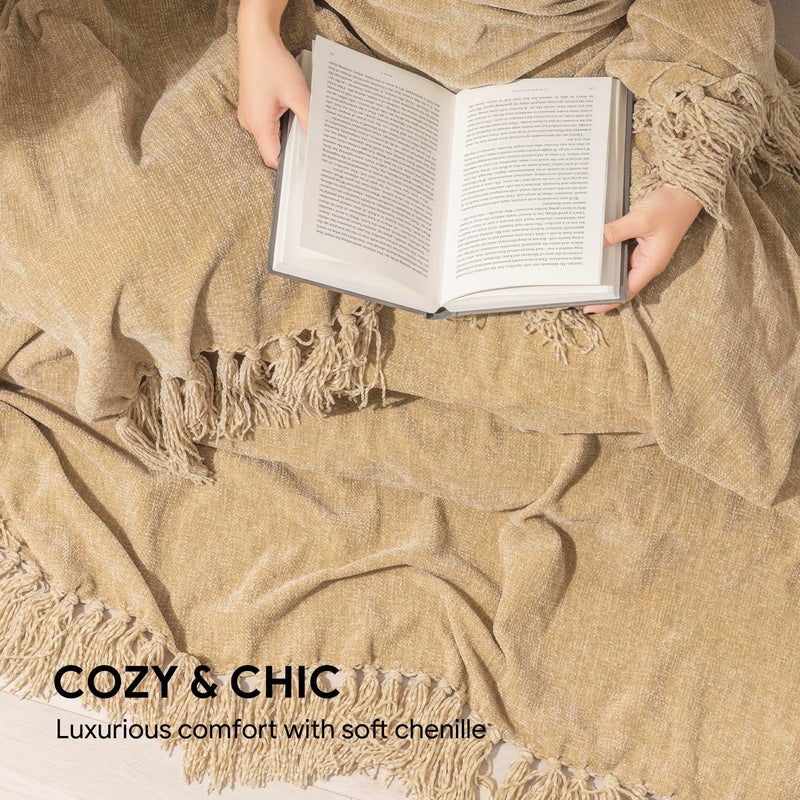 RECYCO Throw Blanket Soft Cozy Chenille Throw Blanket with Fringe Tassel for Couch Sofa Chair Bed Living Room Gift (Beige, 50" x 60") - Image 3