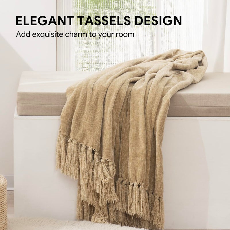 RECYCO Throw Blanket Soft Cozy Chenille Throw Blanket with Fringe Tassel for Couch Sofa Chair Bed Living Room Gift (Beige, 50" x 60") - Image 2