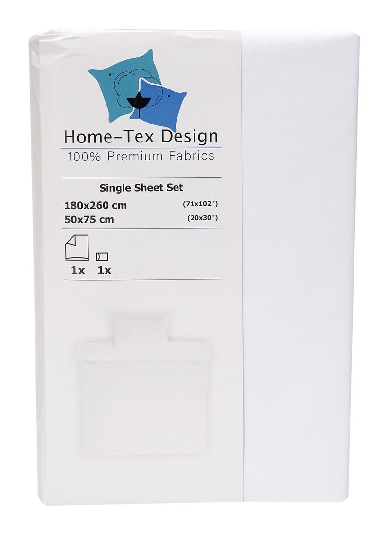 Home-Tex Design - 2-Piece Hometex Design Single Size Percale White Flat Sheet Set - 1 Flat Sheet (180x260cm) + 1 Pillow Cover (50x75cm) - Image 1