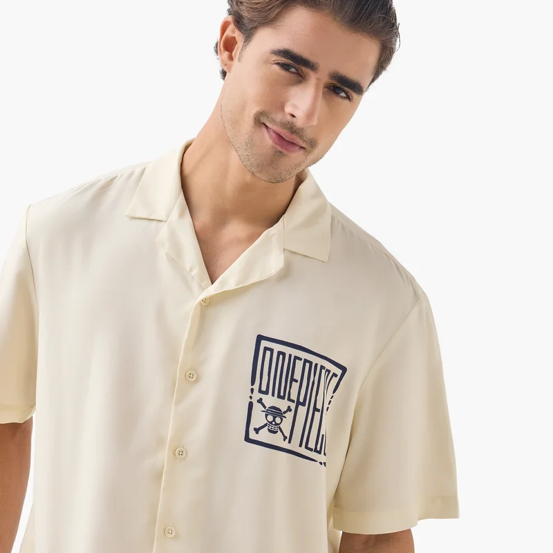 SP Characters Onepiece Print Relaxed Fit Shirt with Camp Collar and Short Sleeves