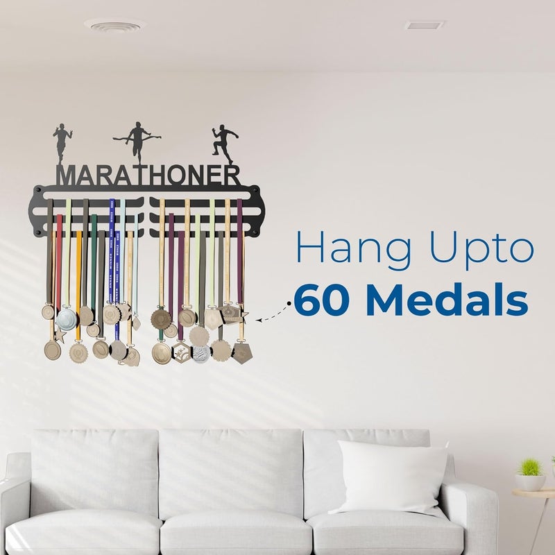 GLORY MEDAL HANGERS حامل ميداليات ماراثونر - عرض حائط معدني - يحمل حتى 60 ميدالية - أسود، لمسة لامعة - مثالي للأطفال والرياضيين - Image 2