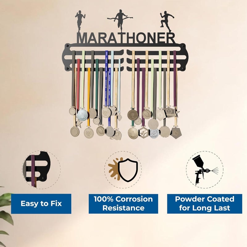 GLORY MEDAL HANGERS حامل ميداليات ماراثونر - عرض حائط معدني - يحمل حتى 60 ميدالية - أسود، لمسة لامعة - مثالي للأطفال والرياضيين - Image 5