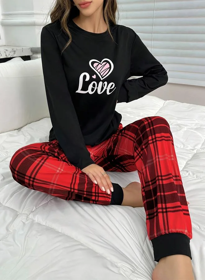 Take Two Take Two Love Text Print T-Shirt and Checked Pyjama Set
