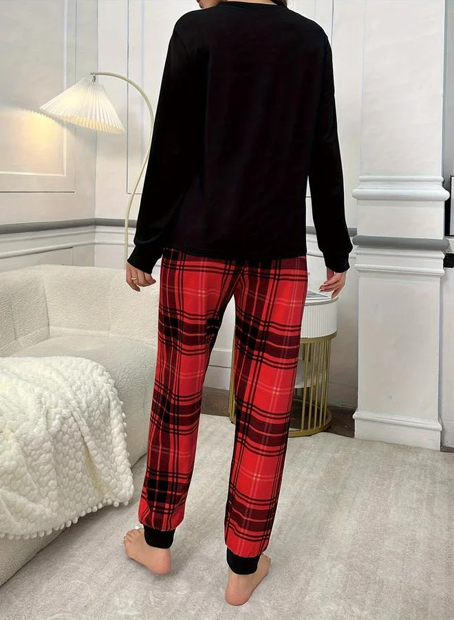 Take Two Take Two Love Text Print T-Shirt and Checked Pyjama Set