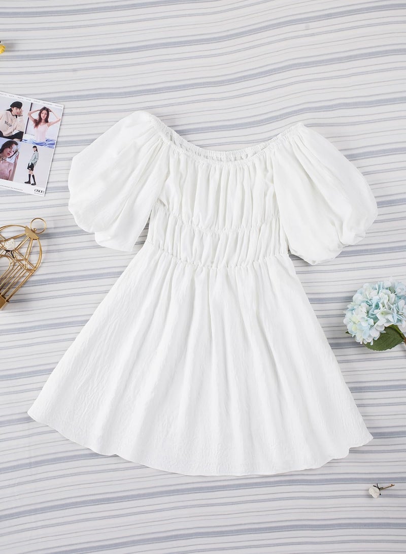 Dokotoo Off Shoulder Wedding Guest Dresses for Women 2026 Short Puff Sleeve White Dress Elastic Waist Ruffle A-Line Casual Mini Beach Dress Large - Image 2