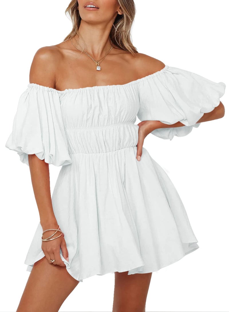 Dokotoo Off Shoulder Wedding Guest Dresses for Women 2026 Short Puff Sleeve White Dress Elastic Waist Ruffle A-Line Casual Mini Beach Dress Large - Image 1