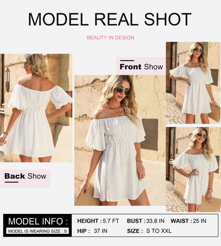 Dokotoo Off Shoulder Wedding Guest Dresses for Women 2026 Short Puff Sleeve White Dress Elastic Waist Ruffle A-Line Casual Mini Beach Dress Large - Image 3