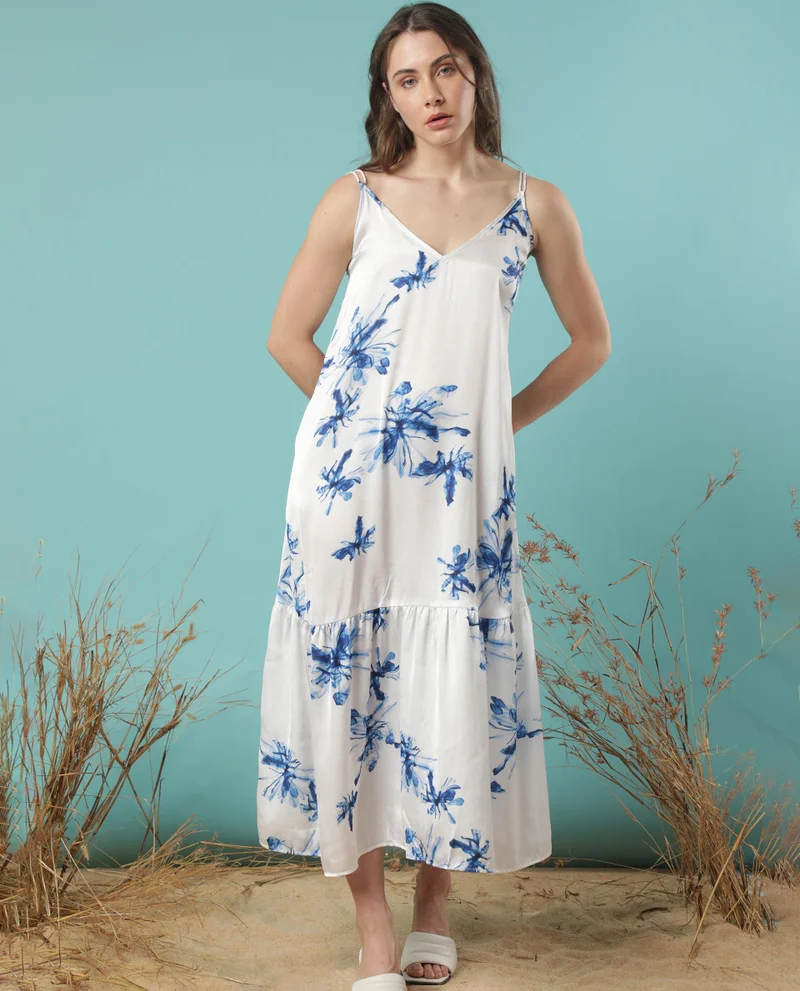 Rareism Women's Abstract Elegance V-Neck Long Dress