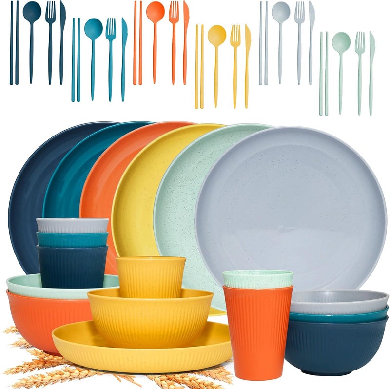 SHECIPIN 42Pcs Wheat Straw Dinnerware Sets Unbreakable Plates and Bowls Sets Eco Friendly Non Breakable Dinnerware Dishwasher Microwave Safe Dinnerware - Image 1
