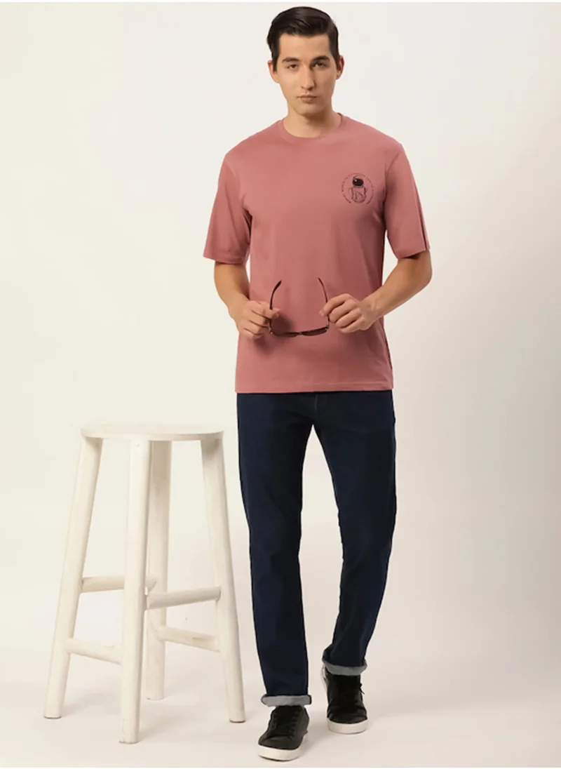 مانياك Maniac Mens Printed Round Neck Half Sleeve Cotton Pink Slim Fit Tshirt