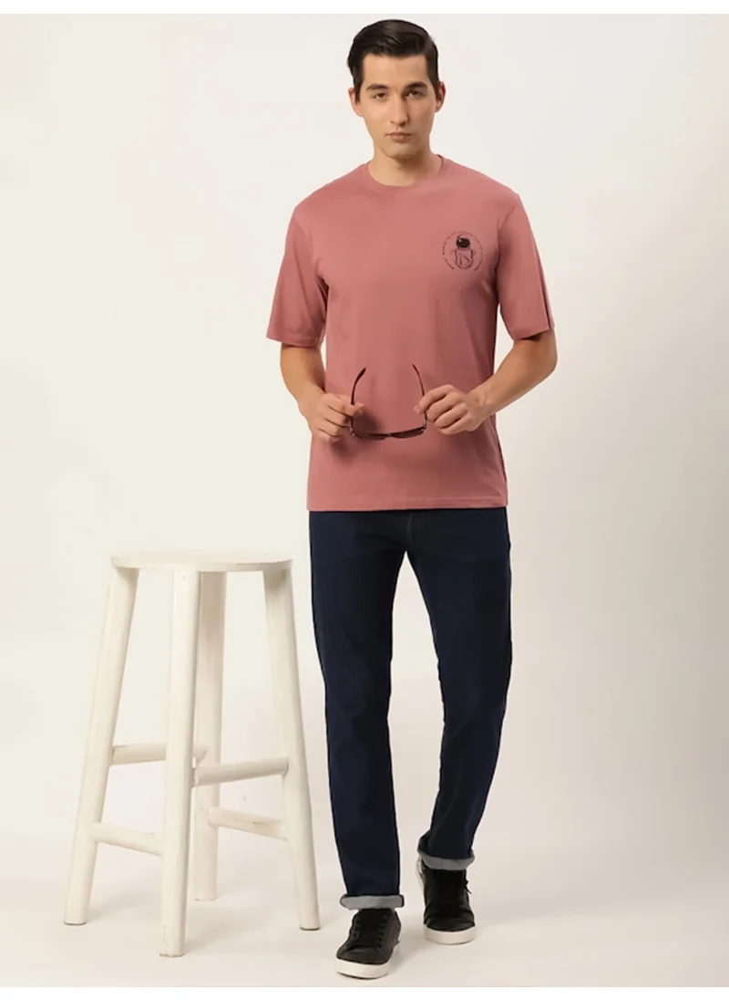 مانياك Maniac Mens Printed Round Neck Half Sleeve Cotton Pink Slim Fit Tshirt