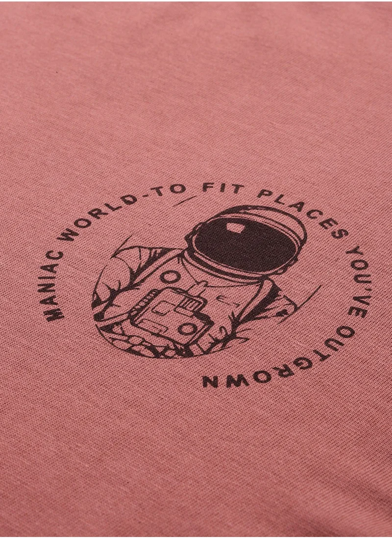 مانياك Maniac Mens Printed Round Neck Half Sleeve Cotton Pink Slim Fit Tshirt