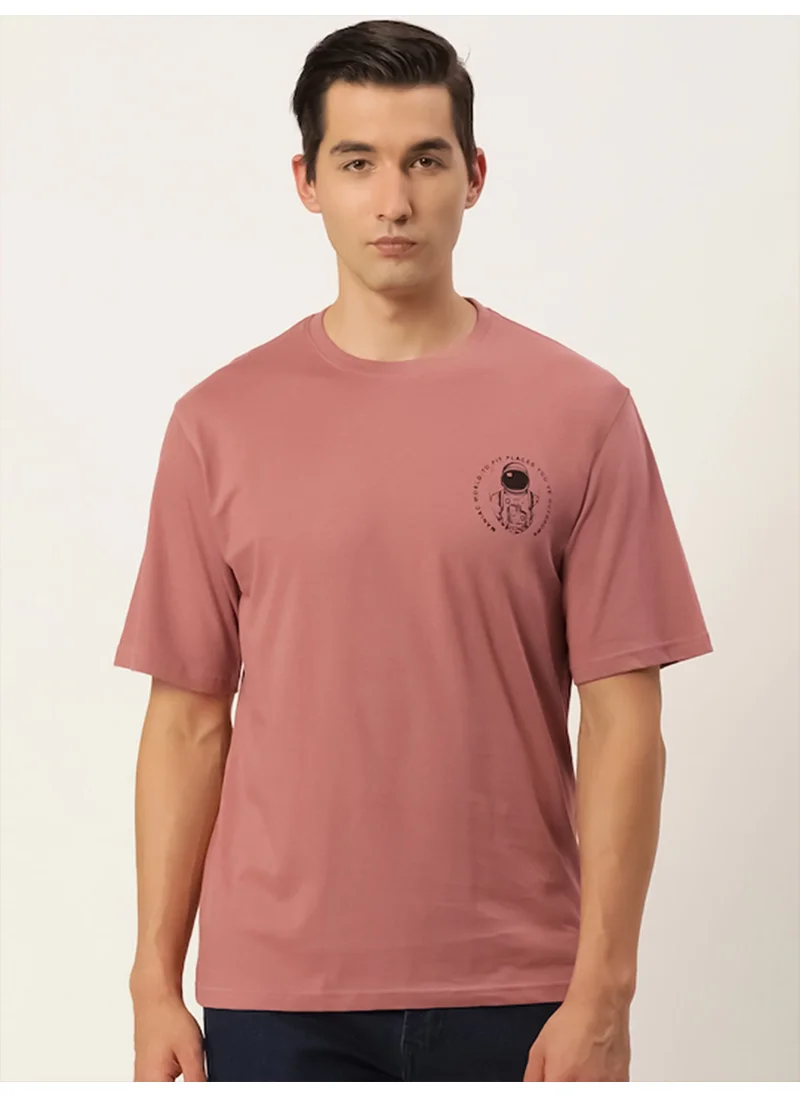 مانياك Maniac Mens Printed Round Neck Half Sleeve Cotton Pink Slim Fit Tshirt