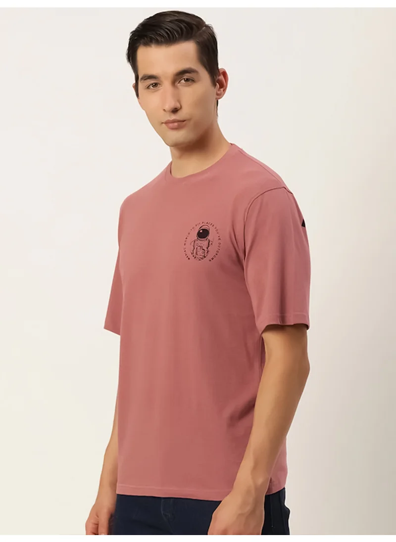 مانياك Maniac Mens Printed Round Neck Half Sleeve Cotton Pink Slim Fit Tshirt
