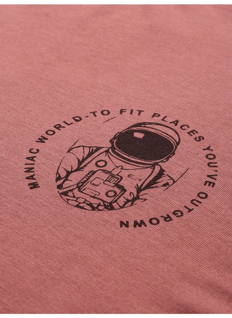 مانياك Maniac Mens Printed Round Neck Half Sleeve Cotton Pink Slim Fit Tshirt