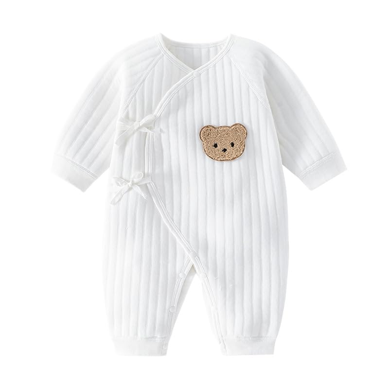 Babyfond Newborn Baby Cotton Onesie, Cute Bear Patched Casual Long Sleeve Bodysuit, Toddler & Infant Boy's Girl's Comfortable Clothing (White, 0-1 Months) - Image 1