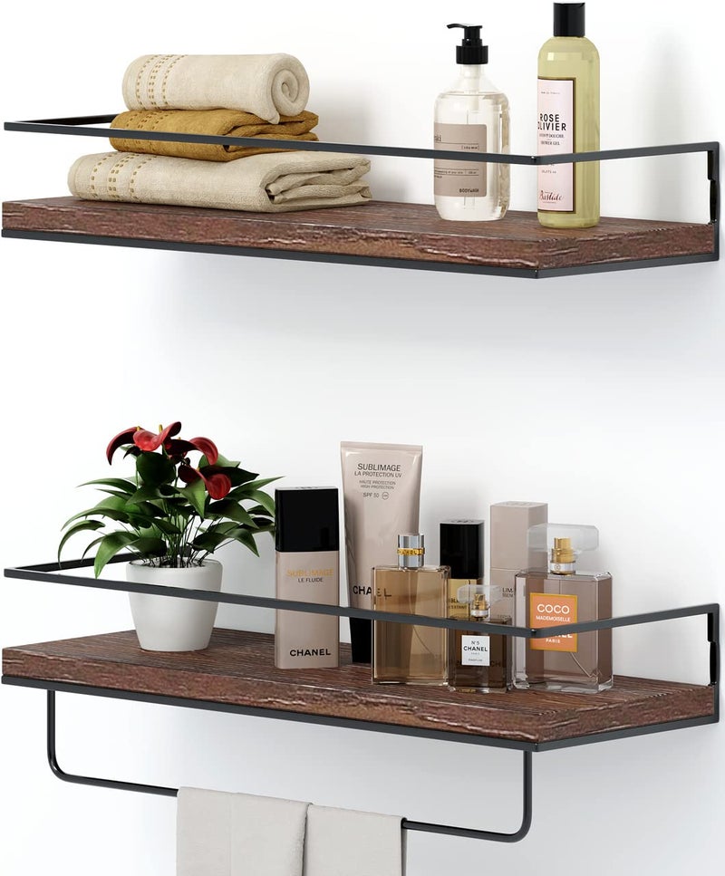 Shario Rustic Wood Floating Shelves  Set of 2 Wall Mounted Hanging Shelves with Black Towel Rack Decorative Storage Shelves for Bathroom Kitchen Living Room  Bedroom Dark Carbonized Brown