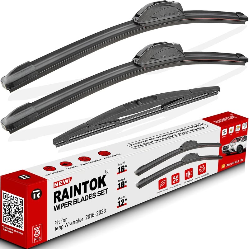 RAINTOK Windshield Wiper Blades Replacement Set for Jeep Wrangler JL (2018-2023) - 16" 16" 12" (Pack of 3) - Image 1