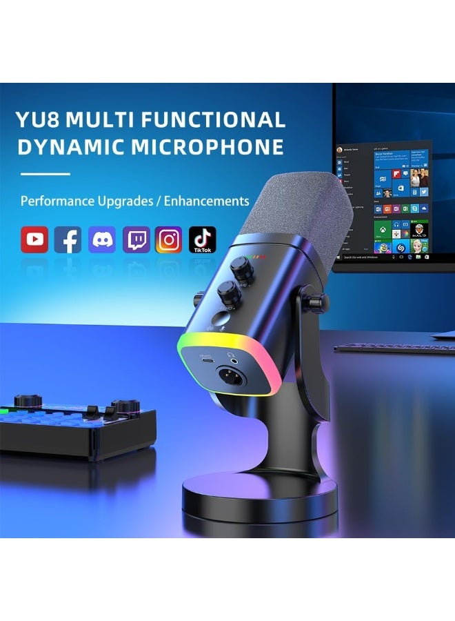SUNEX YU8 Dynamic Gaming Microphone, USB/XLR Dual-Mode, Noise Reduction, RGB Light, Black - Image 4
