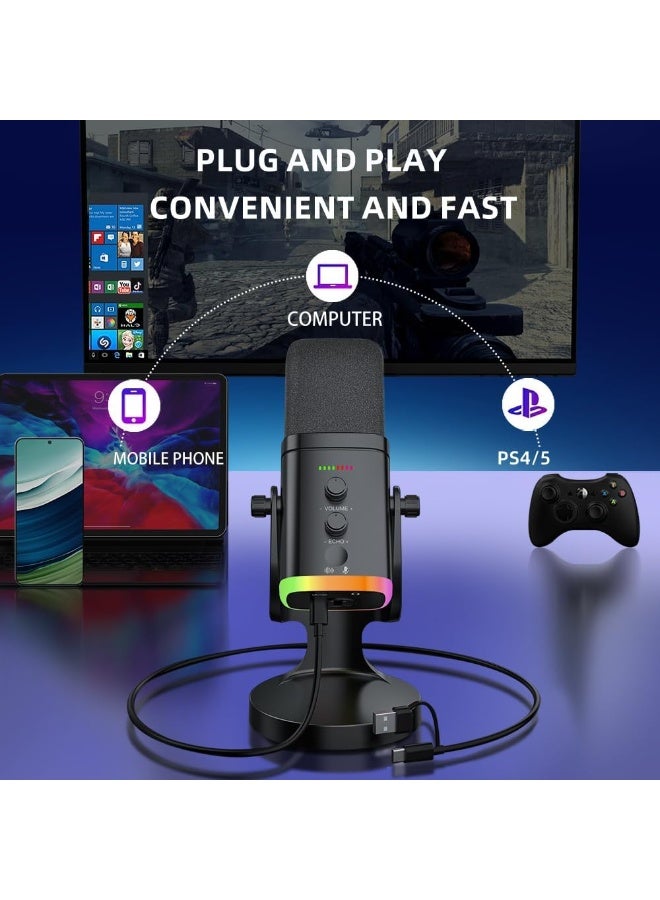 SUNEX YU8 Dynamic Gaming Microphone, USB/XLR Dual-Mode, Noise Reduction, RGB Light, Black - Image 2