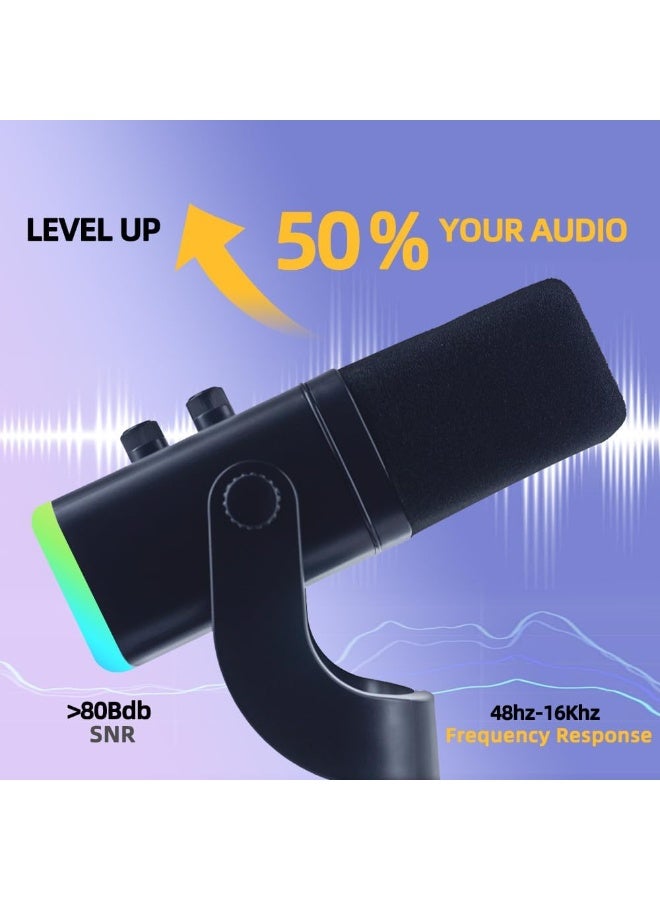 SUNEX YU8 Dynamic Gaming Microphone, USB/XLR Dual-Mode, Noise Reduction, RGB Light, Black - Image 3