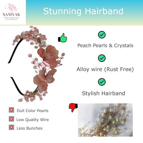 Samyak Pearl & Crystal Headbands Accessories For Women & Girls, Wedding Party Juda Bun Fashion For Bridal Hair Decoration Accessory (Pearl & Crystal, Peach) - Image 3
