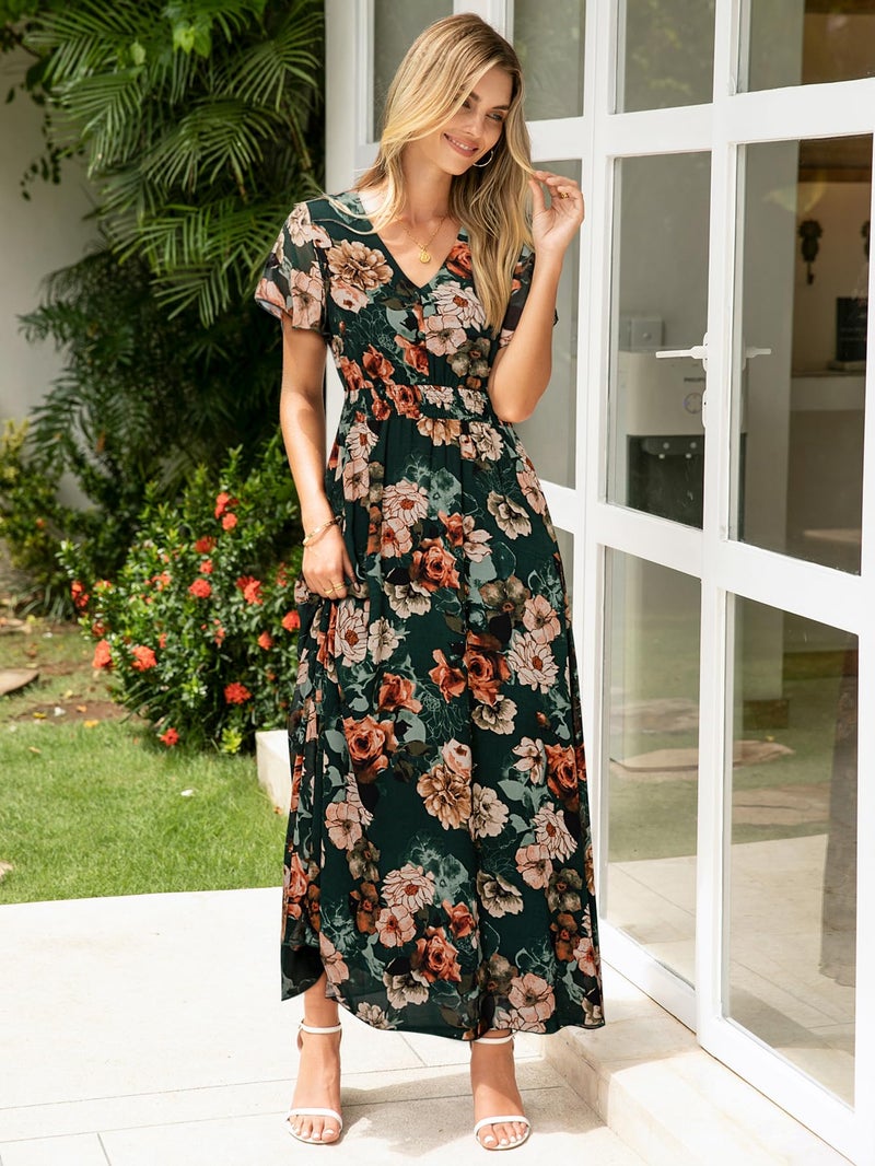 Simplee Apparel Simplee Womens Floral Maxi Dress - Short Sleeve Summer Boho Wedding Guest Dress Empire Waist Chiffon Modest Midi Dresses Green,XL - Image 3